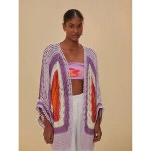 Farm Rio Womens Sunset Crochet Square Kimono Open Cardigan Multicolor Size Small